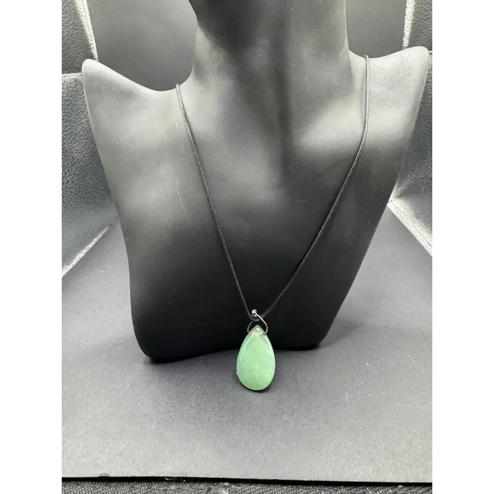 Vintage Silver Tone Green Jade Teardrop Pendant Black Cord Necklace